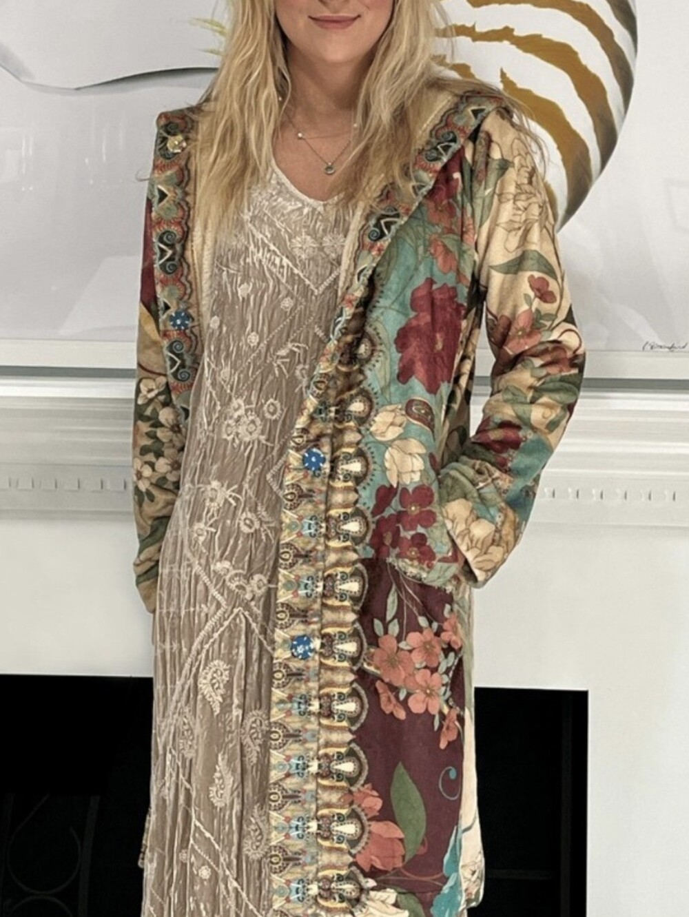 Johnny Was Multicolor Floral Patchwork Hooded Trench Coat Large Bohemian Cozy - Picture 6 of 9